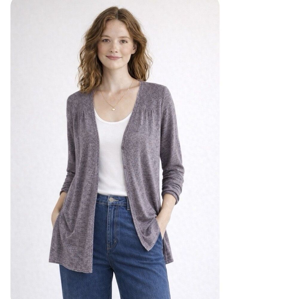 Eileen Fisher Linen Silk Blend V-Neck Lightweight Cardigan Size L Heathered